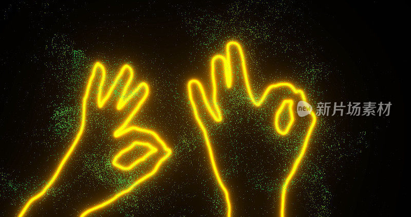 两只手的黄色轮廓表示OK的标志。Vfx 3d渲染抽象，概念同意，友谊，交易，一切都很好。